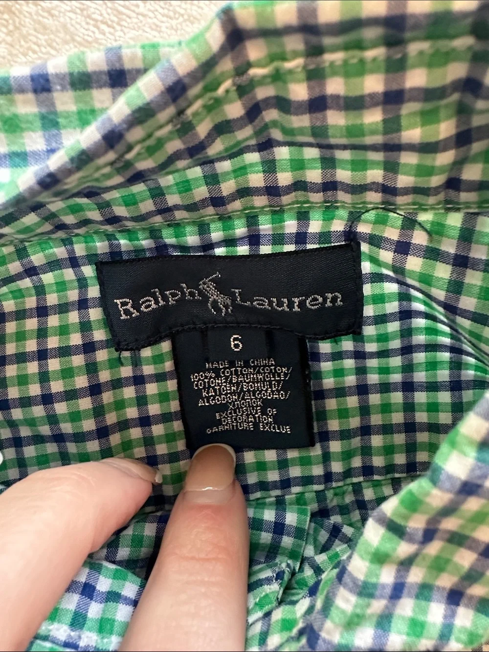 Ralph Lauren Boys Green and Blue Check Button-Down Shirt- Size 6
